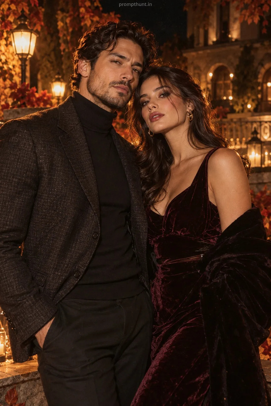 Autumn Night AI Photo Prompt for Couples – Midnight Flash Look — AI photo editing prompt result