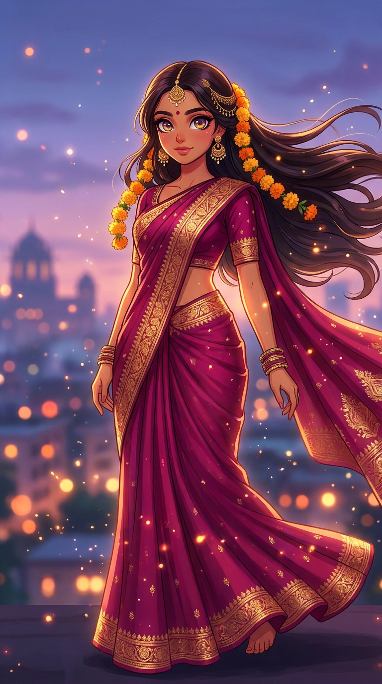 Bollywood Diva Meets Anime Princess AI Photo Editing Prompt