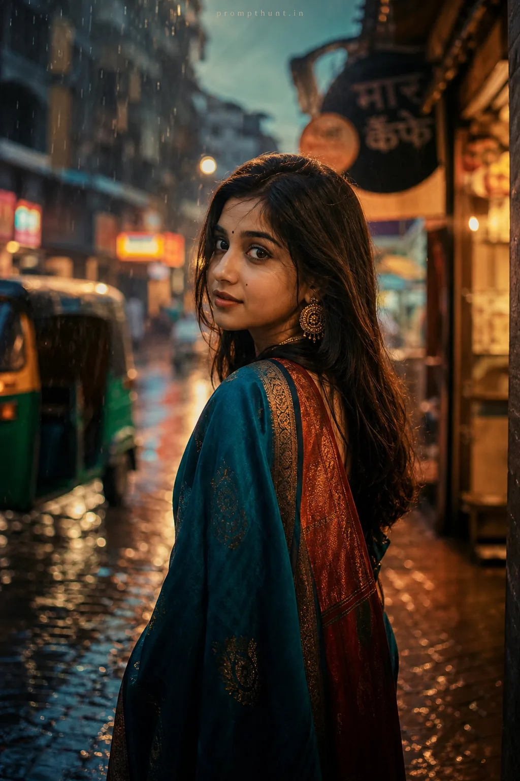 Cinematic Monsoon Street Portraits AI Photo Editing Prompt