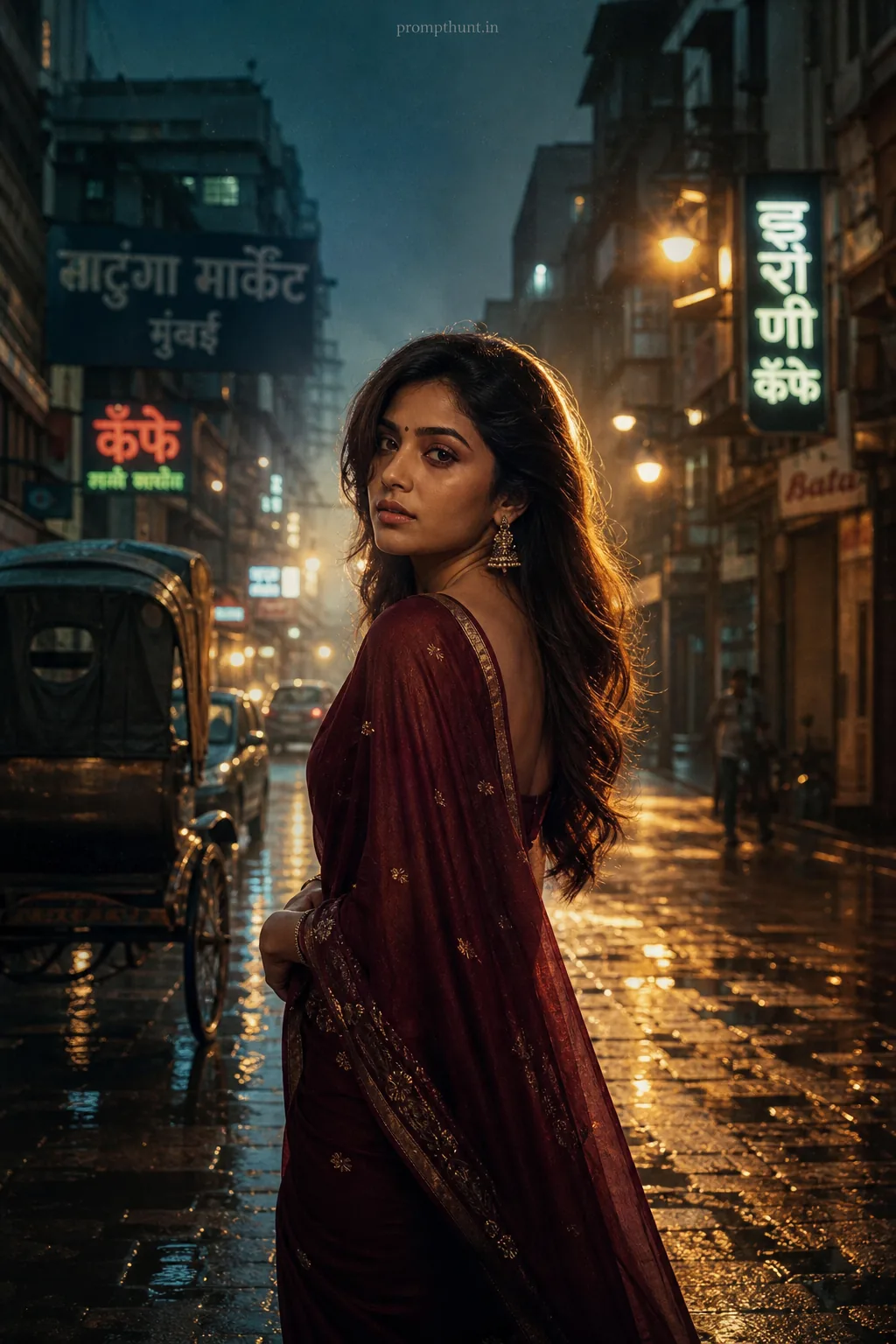 Cinematic Rainy Mumbai Streets Portrait AI Photo Editing Prompt