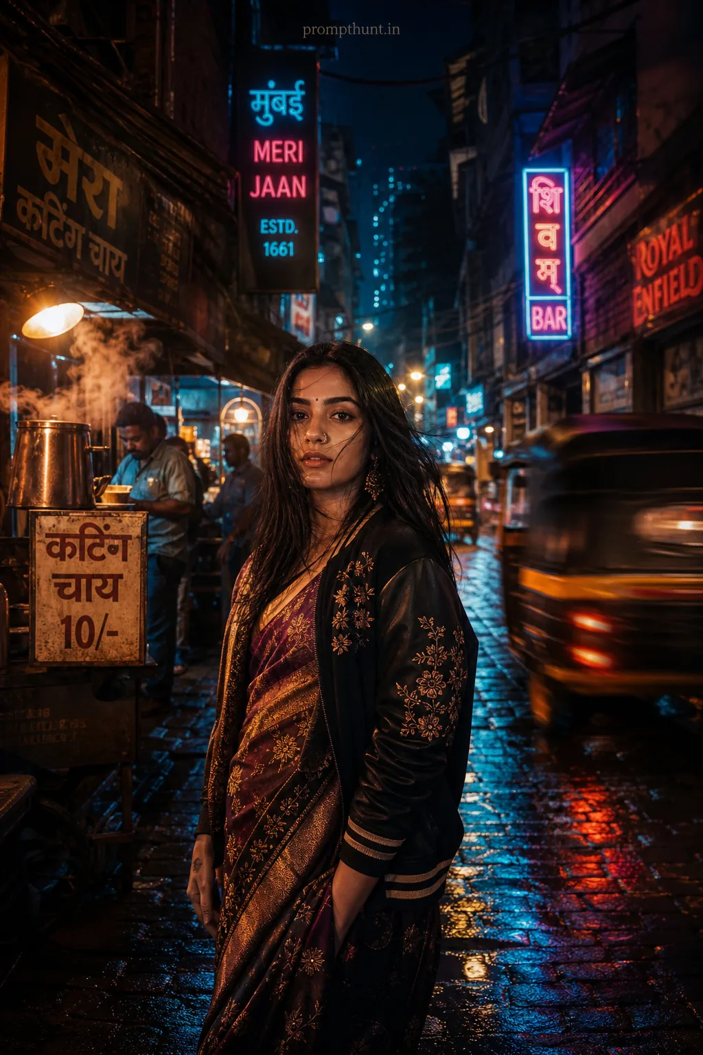 Cinematic Urban Nightscape Indian Streetwear AI Photo Editing Prompt
