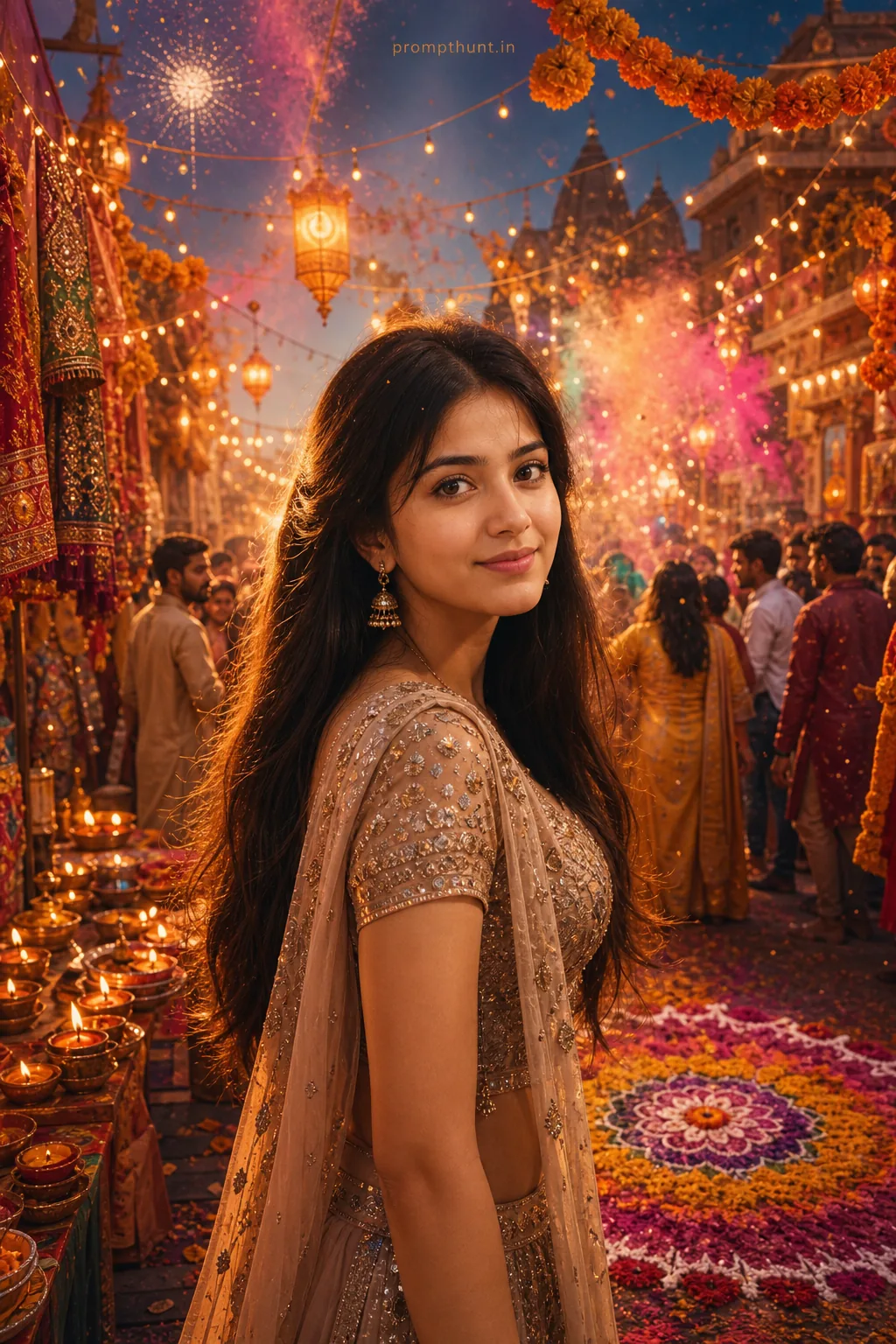 Colorful Holi and Diwali Street Festival AI Photo Editing Prompt