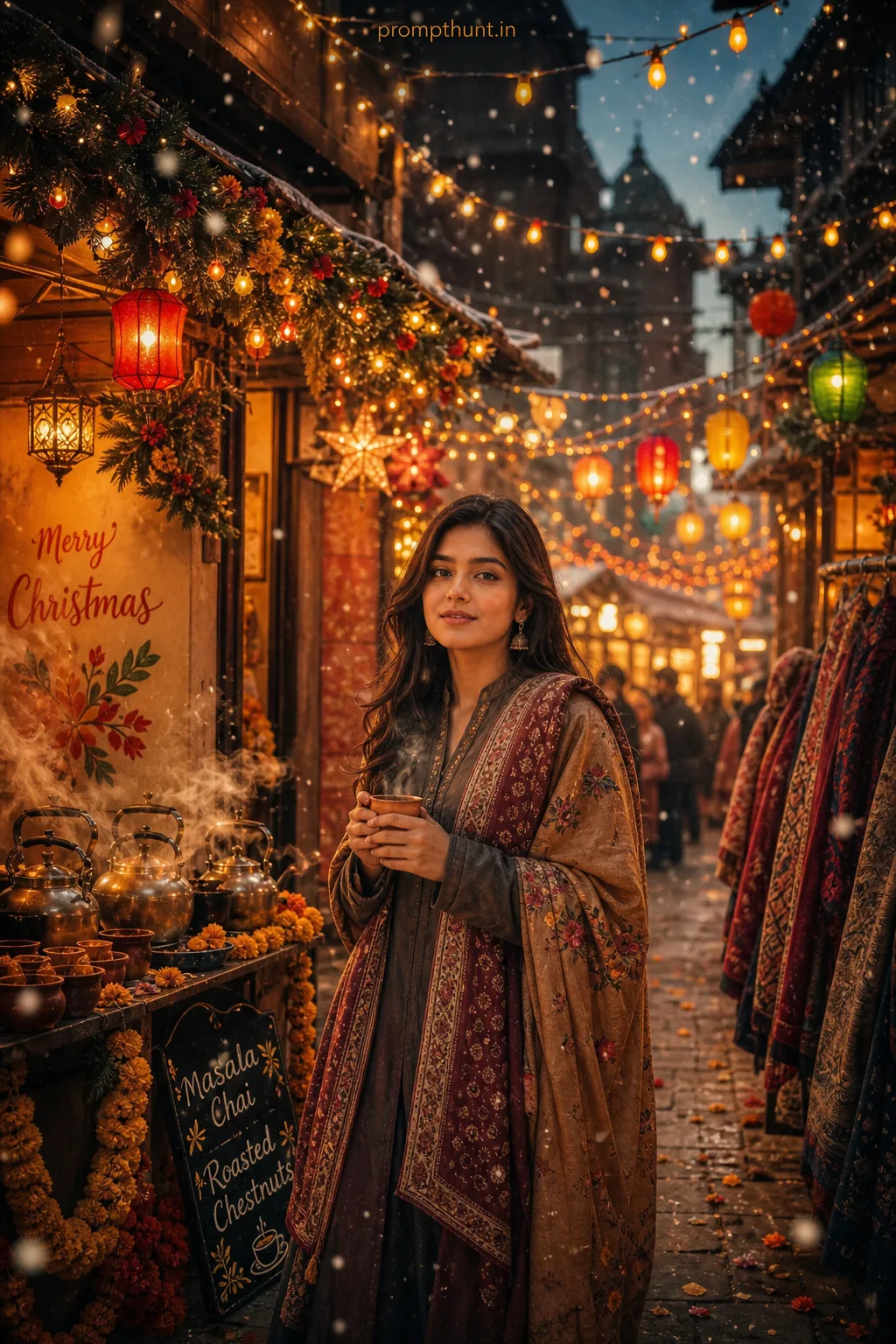 Cozy Indian Christmas Street Market AI Photo Editing Prompt