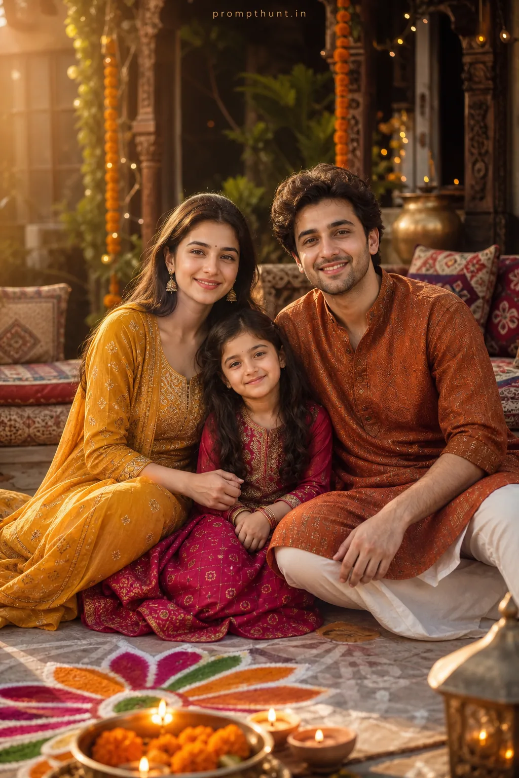 Cozy Indian Family Portraits Festive AI Photo Editing Prompt