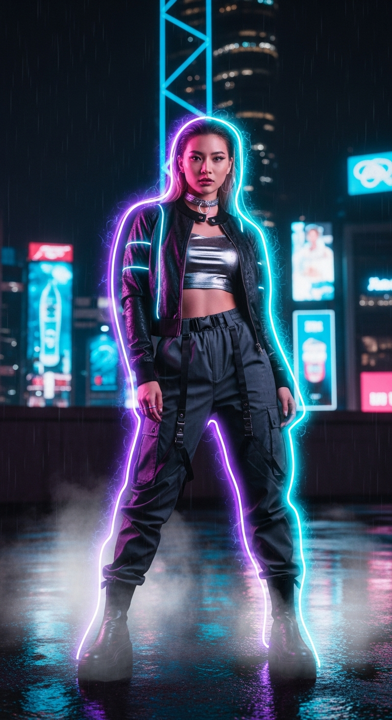 Cyberpunk Neon Aura Rain Portrait
