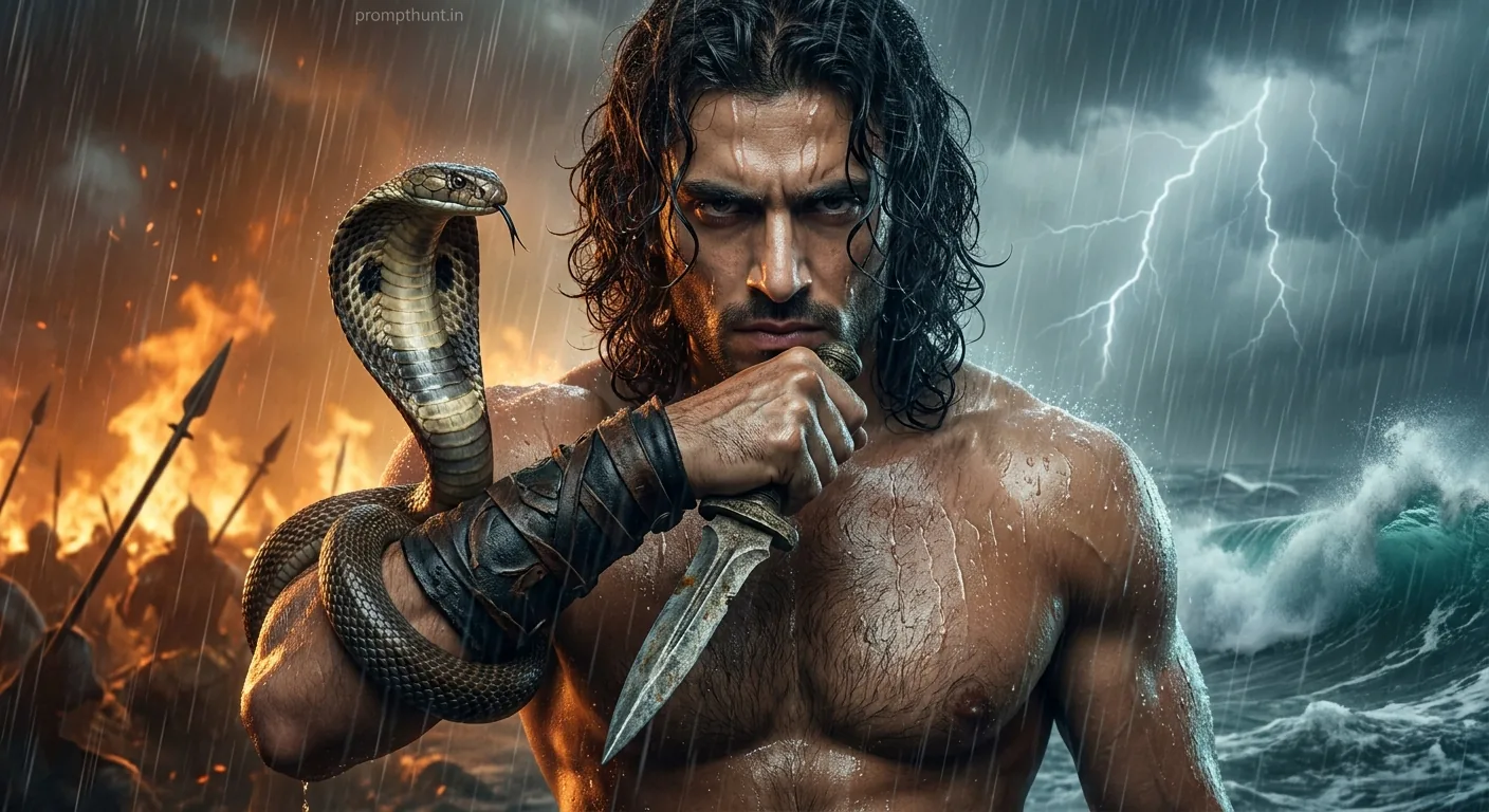 Dark Mythological Warrior Epic Storm Battle Scene AI Photo Editing Prompt