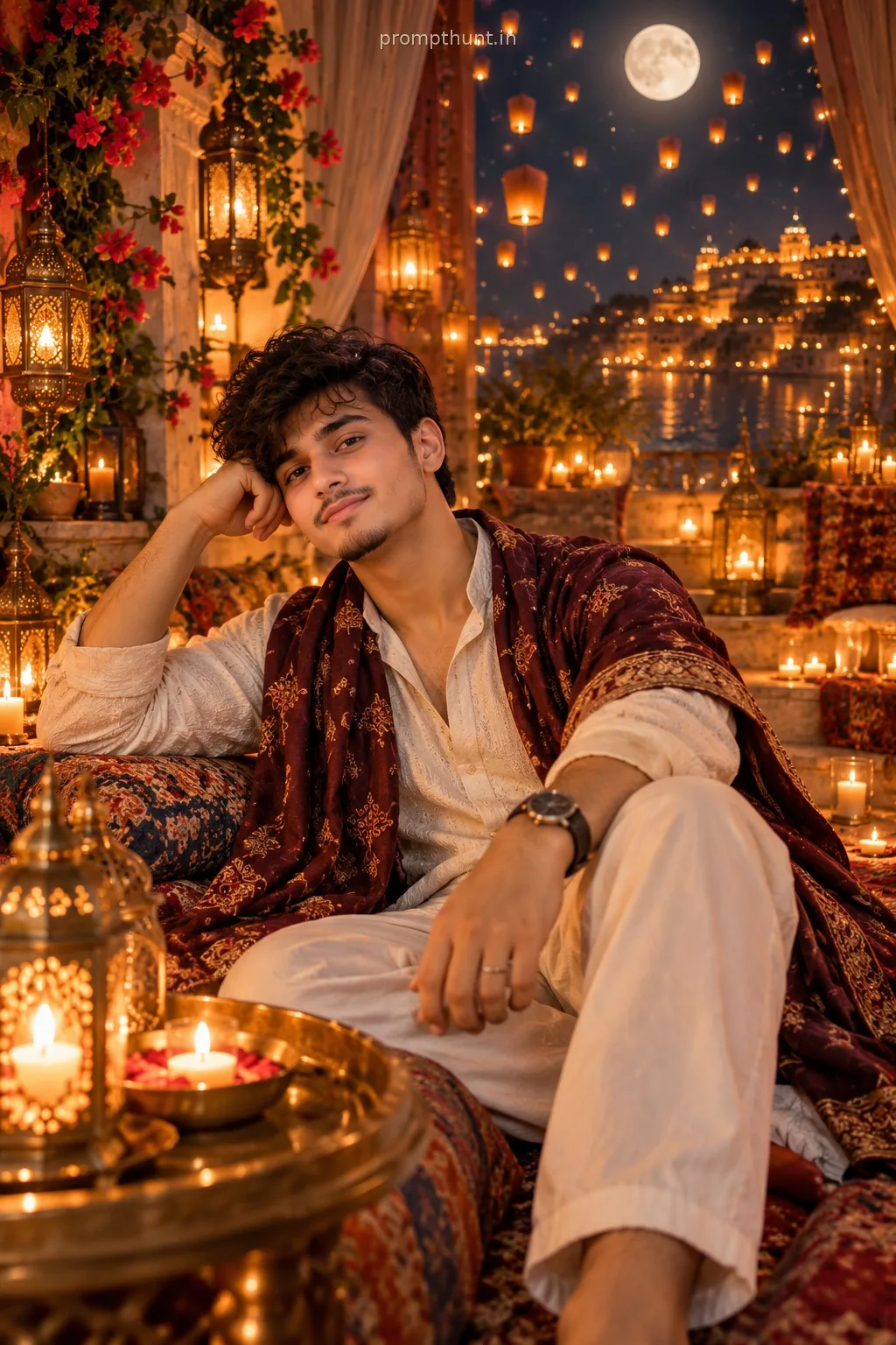Diwali AI Photo Prompt for Boys – Moonlit Courtyard Look — AI photo editing prompt result
