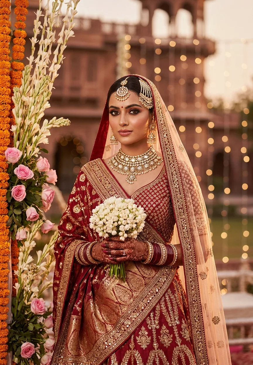 Dreamy Indian Bride Golden Hour Wedding AI Photo Editing Prompt