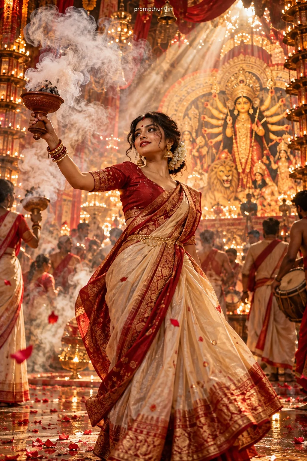 Durga Puja AI Photo Prompt for Girls – Dhunuchi Dance Pandal Look — AI photo editing prompt result