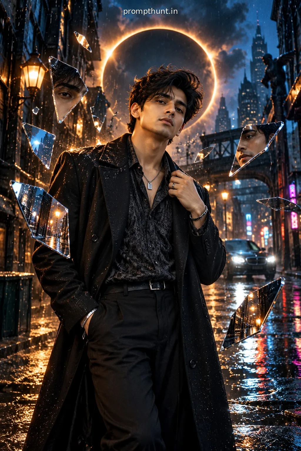 Eclipse Mirror AI Photo Prompt for Boys – Neon Rain Look
