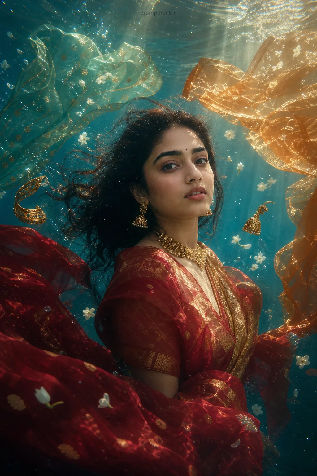 Ethereal Indian Underwater Portrait AI Photo Editing Prompt