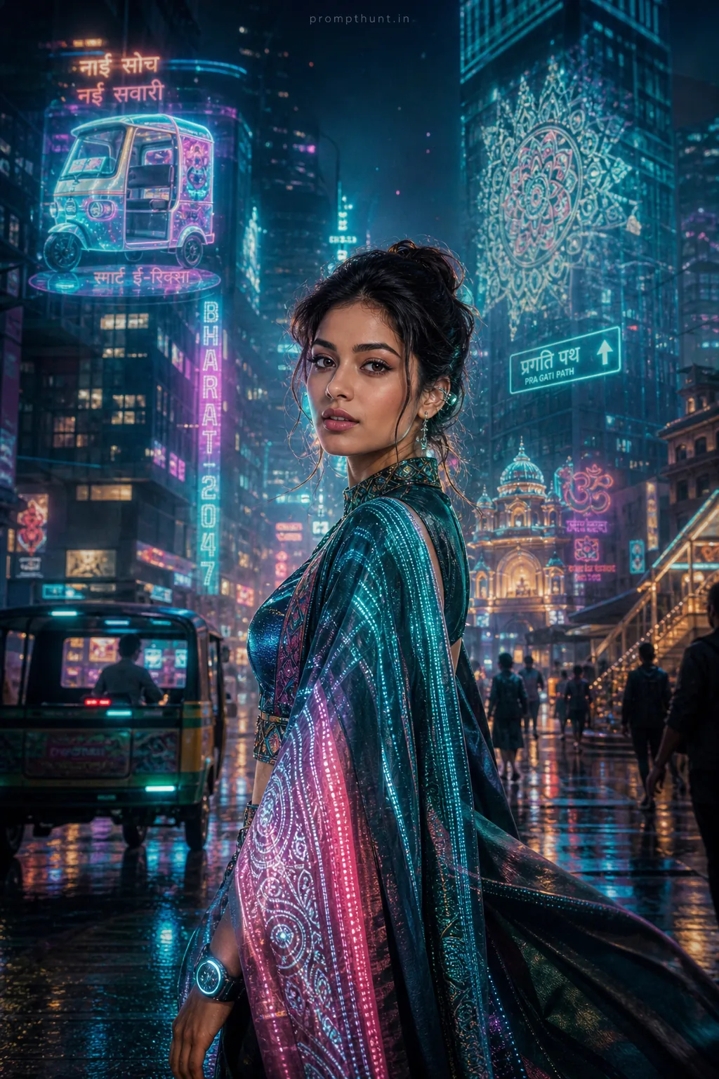 Futuristic Neon Cyberpunk Indian Streetwear AI Photo Editing Prompt