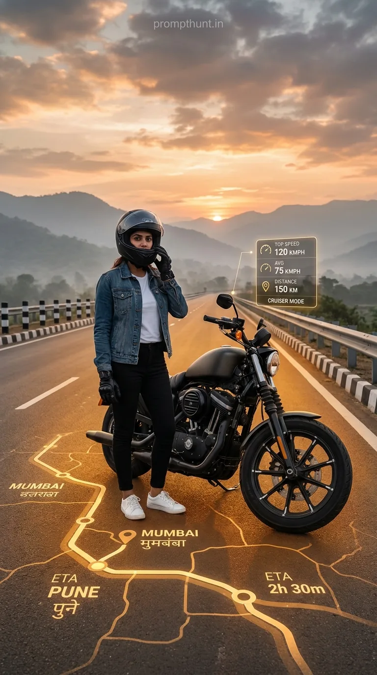 Glowing AR Map Motorcycle Road Trip AI Photo Editing Prompt