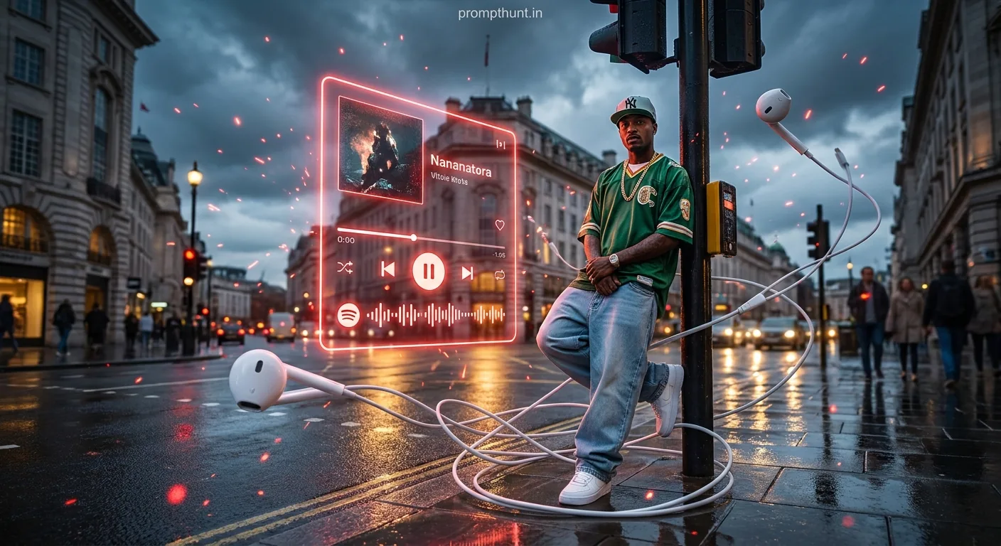 Glowing Music Player Street Photography Surrealism AI Photo Editing Prompt