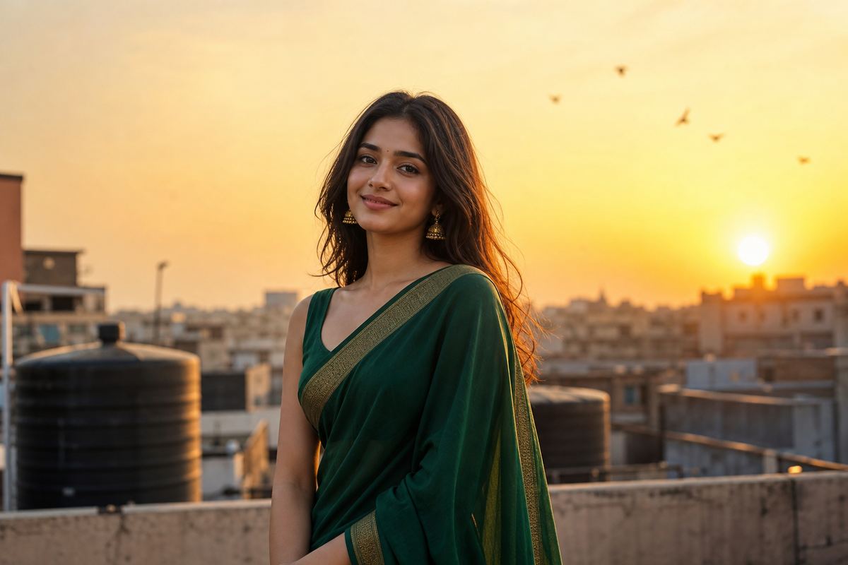 Woman in an emerald silk saree on a rooftop at golden hour, made with an AI image prompt