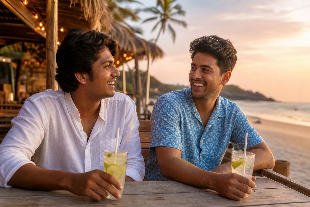 Two friends laughing at a Goa beach shack at sunset, an AI picture prompt for group photos