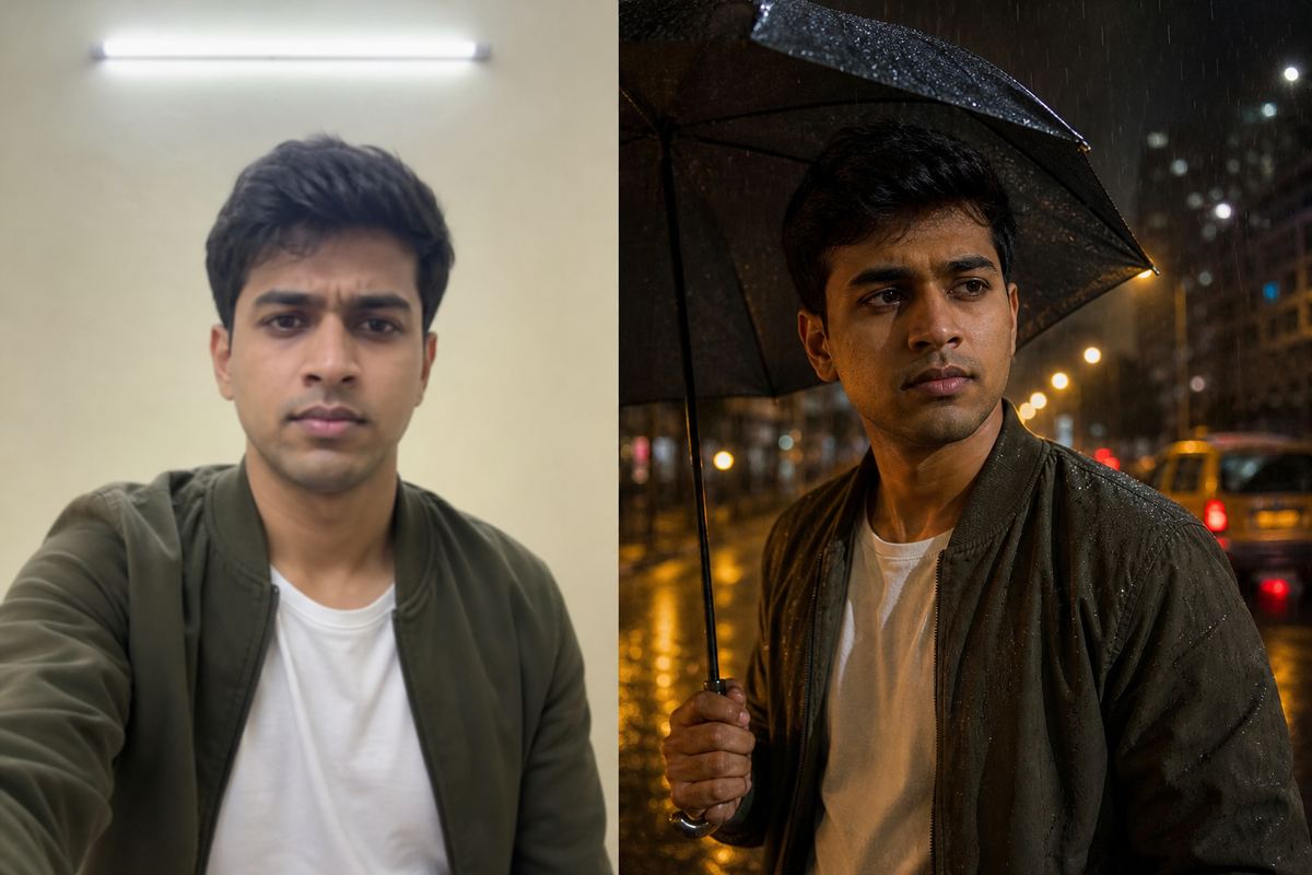 AI image prompt result: same man in a plain wall photo and a cinematic rainy Mumbai street portrait
