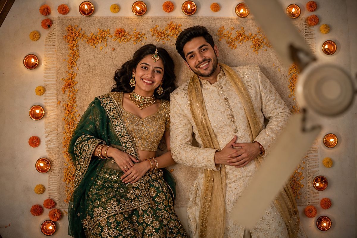 Diwali couple ceiling fan transition: overhead view of a couple in a lehenga and sherwani on a rug ringed with diyas and marigolds