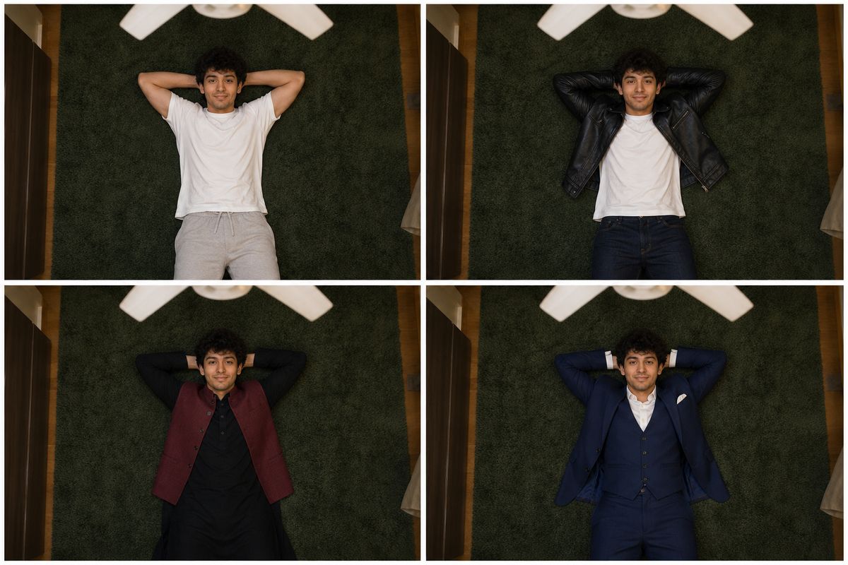 Four overhead frames of the same man under a ceiling fan: white T-shirt, leather jacket, black kurta with maroon Nehru jacket, navy three-piece suit