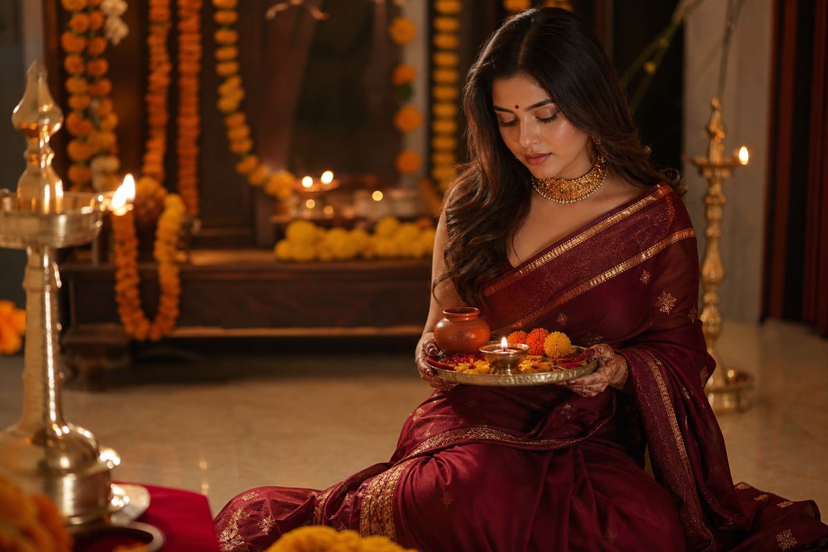 Woman in a maroon saree seated with a Karwa Chauth puja thali and lit diya