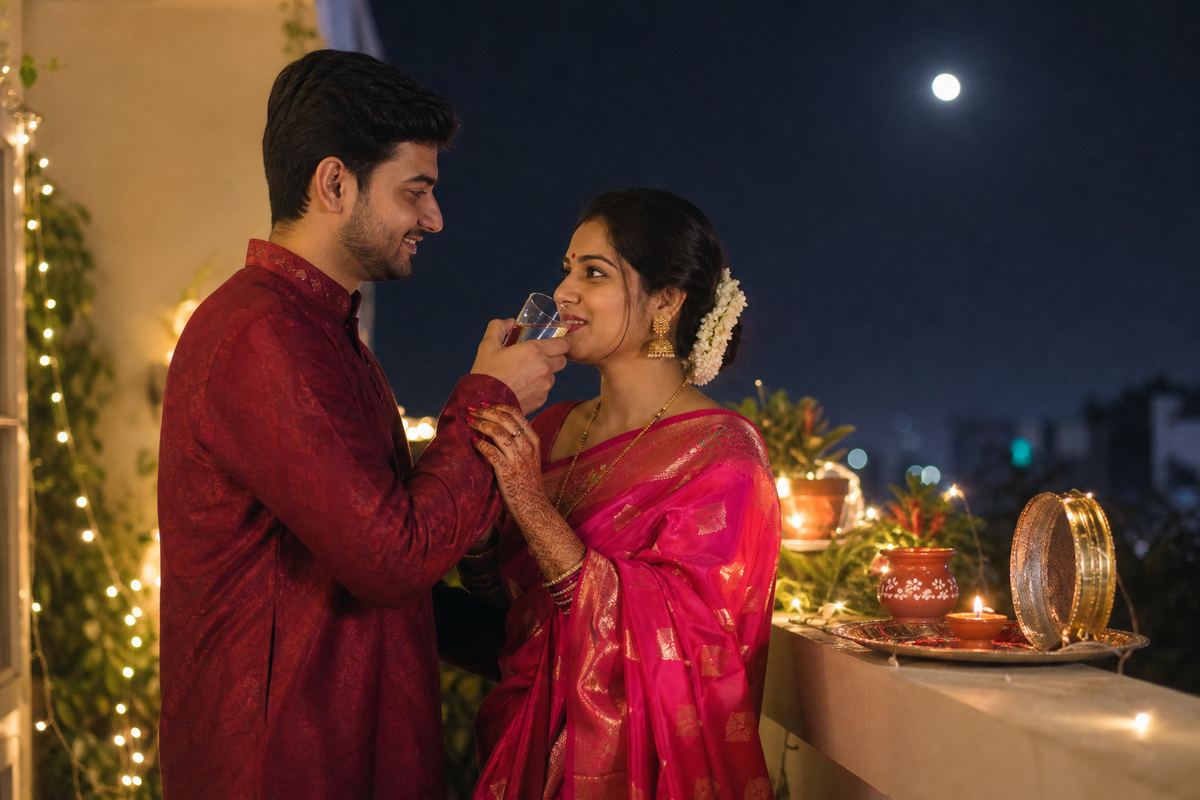 Karwa Chauth couple photo pose: husband offering water to his wife on a balcony after moonrise