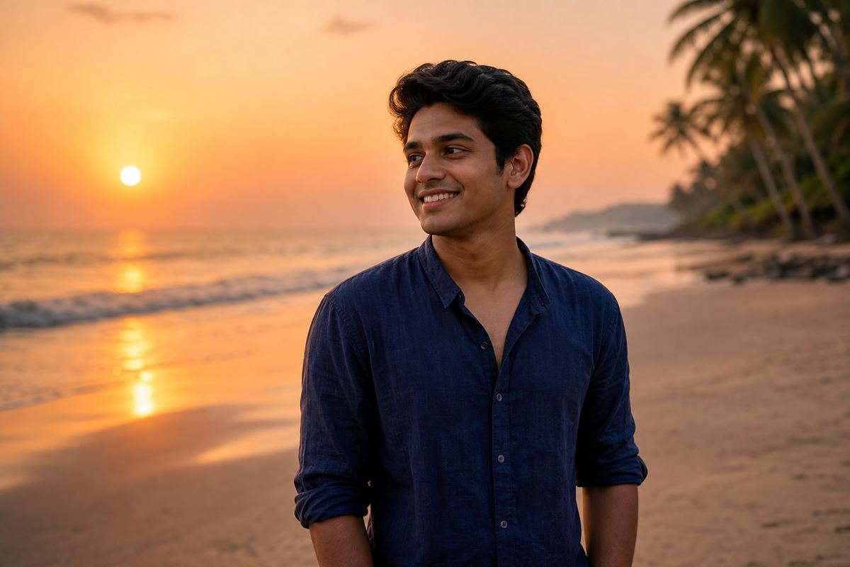 Man in a navy shirt on a Goa beach at sunset, a background change prompt result
