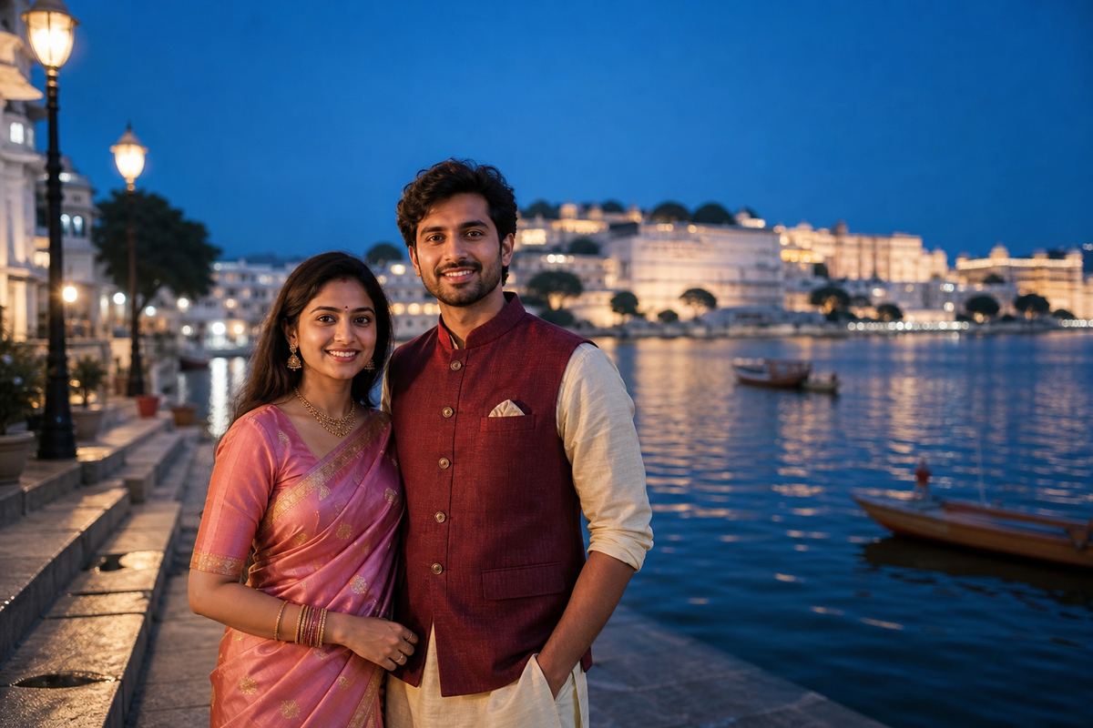 Couple at Lake Pichola in Udaipur at blue hour after an AI photo background change