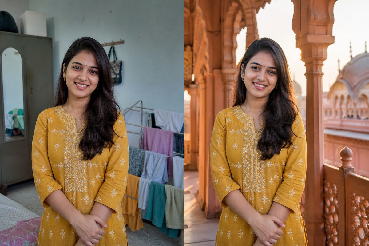 Photo background change with AI: same woman in a yellow kurta before at home and after on a Jaipur palace terrace