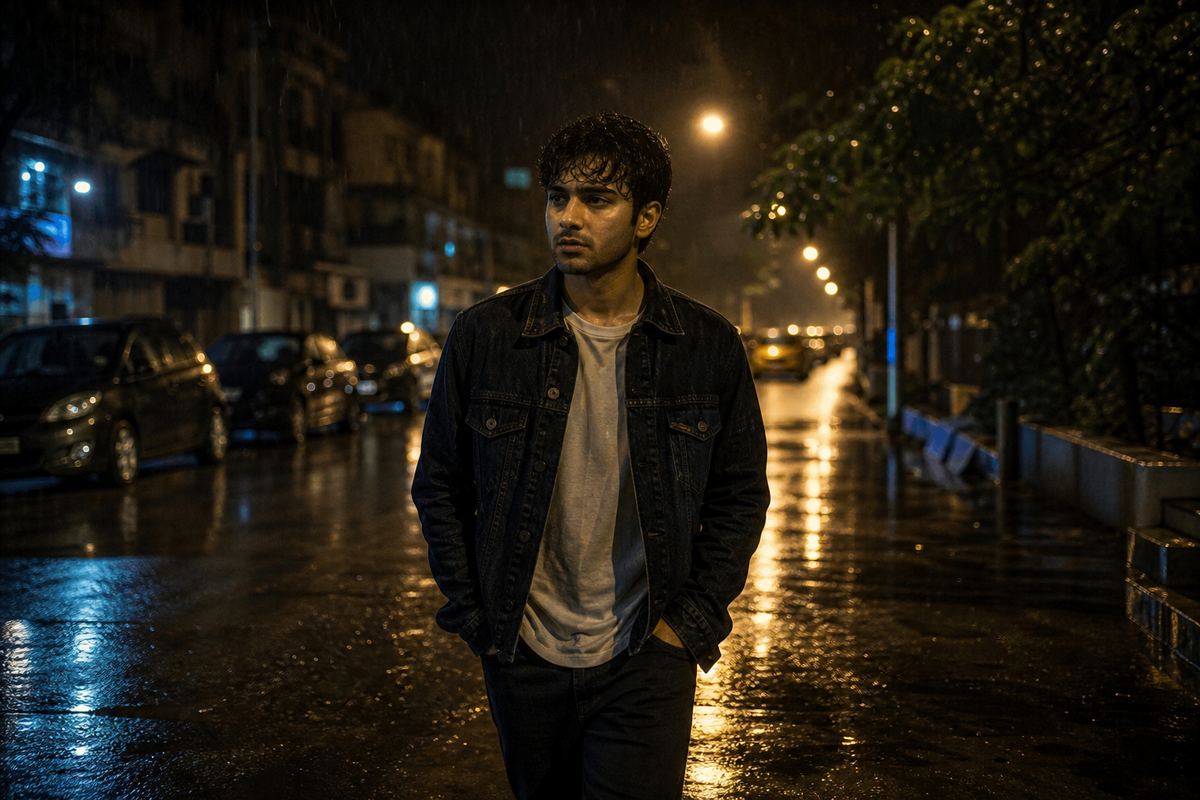 Man walking in Mumbai rain at night, a PixVerse AI video prompt idea for boys