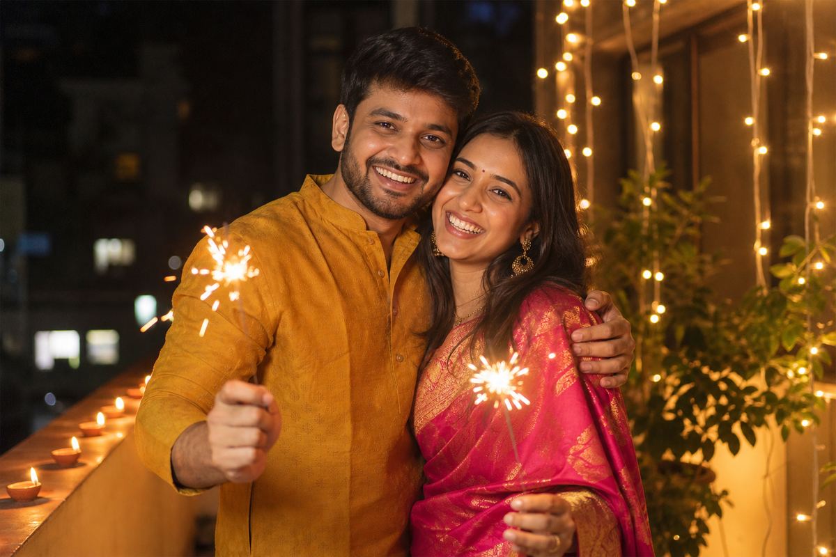 Couple with Diwali sparklers on a balcony, a PixVerse prompt idea for couples