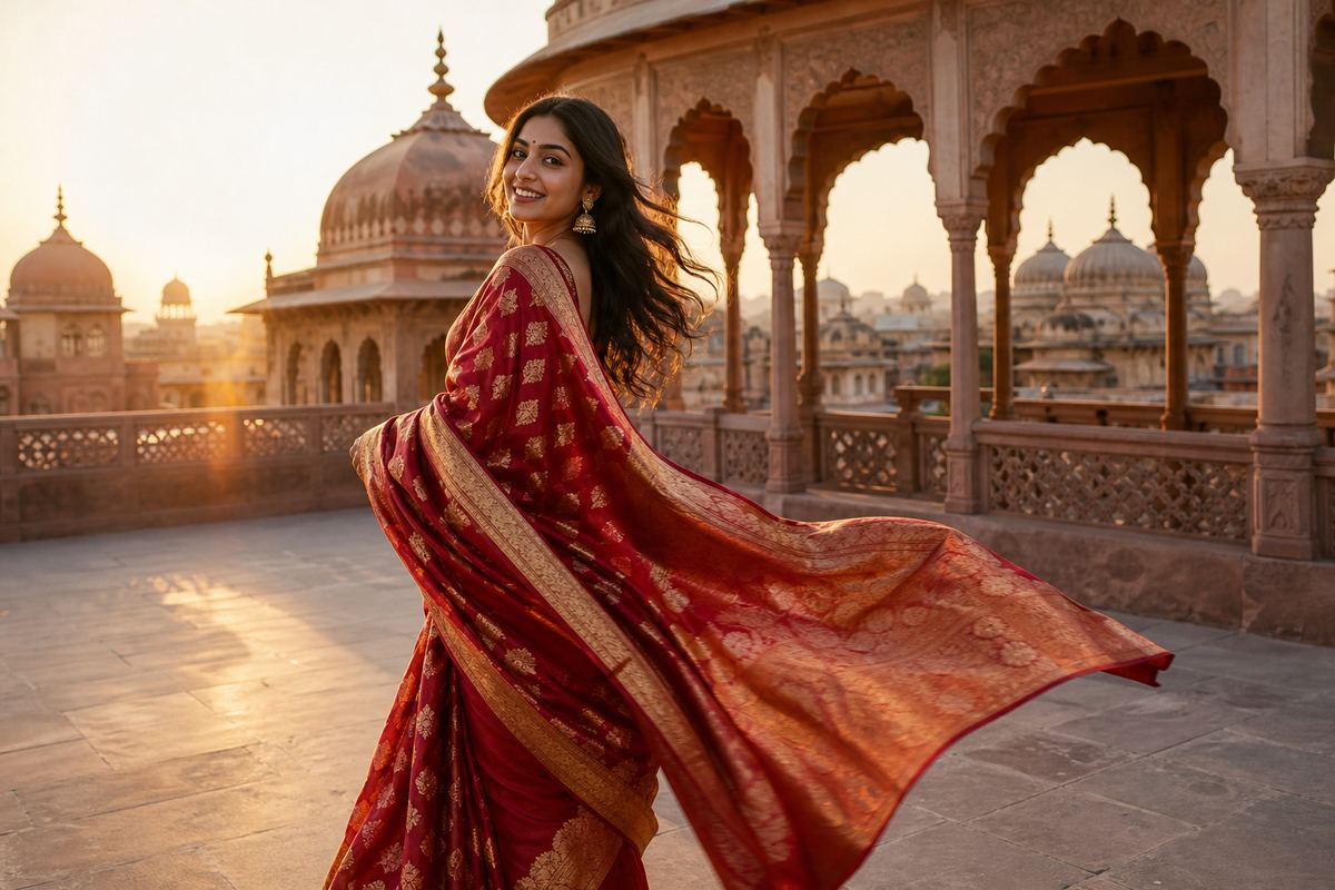 PixVerse AI saree twirl video still of a woman in a red saree on a palace terrace