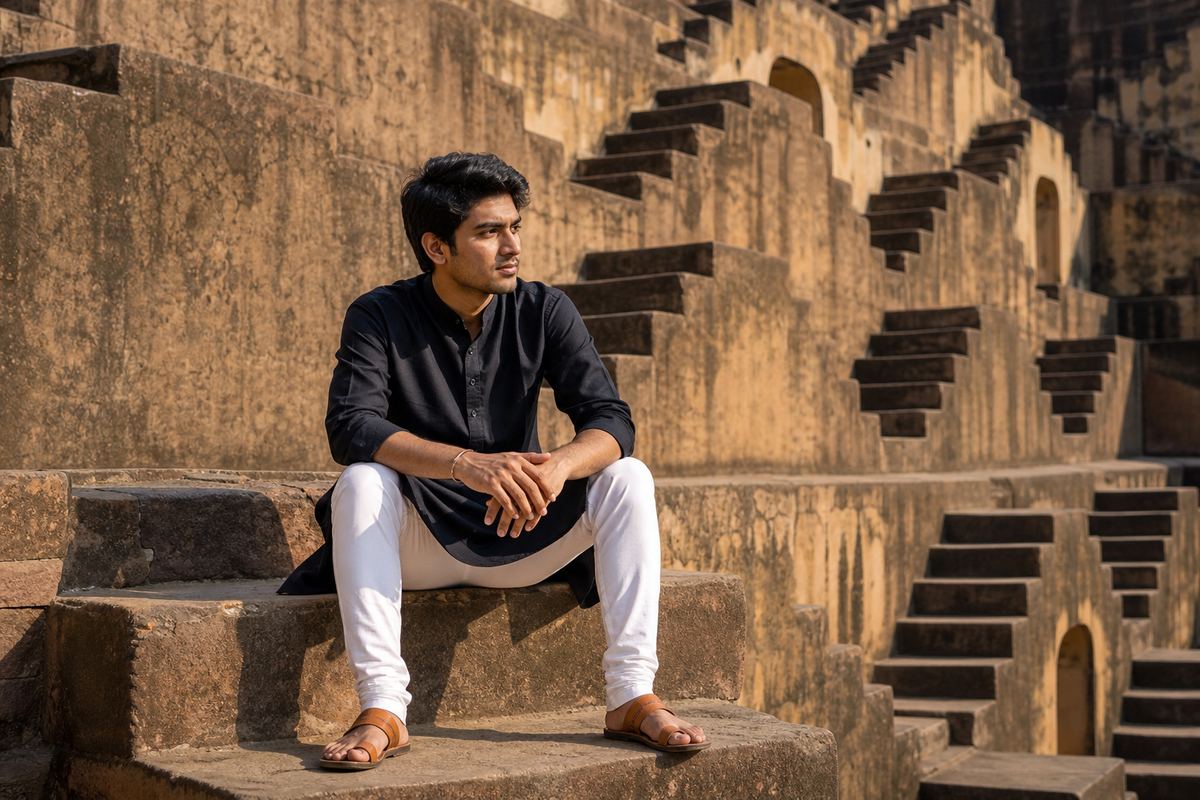 Young man in a black kurta sitting on stepwell stairs, a stylish seated photo pose