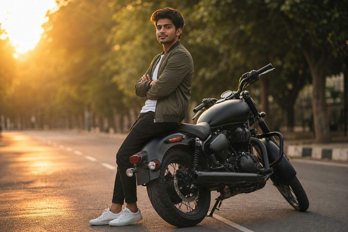 Stylish photo editing pose: young man leaning on a motorbike with arms crossed at golden hour