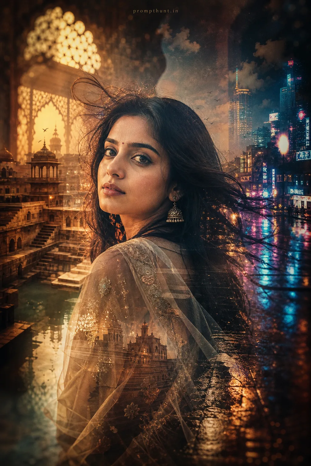 Heritage & Neon Double Exposure AI Photo Editing Prompt