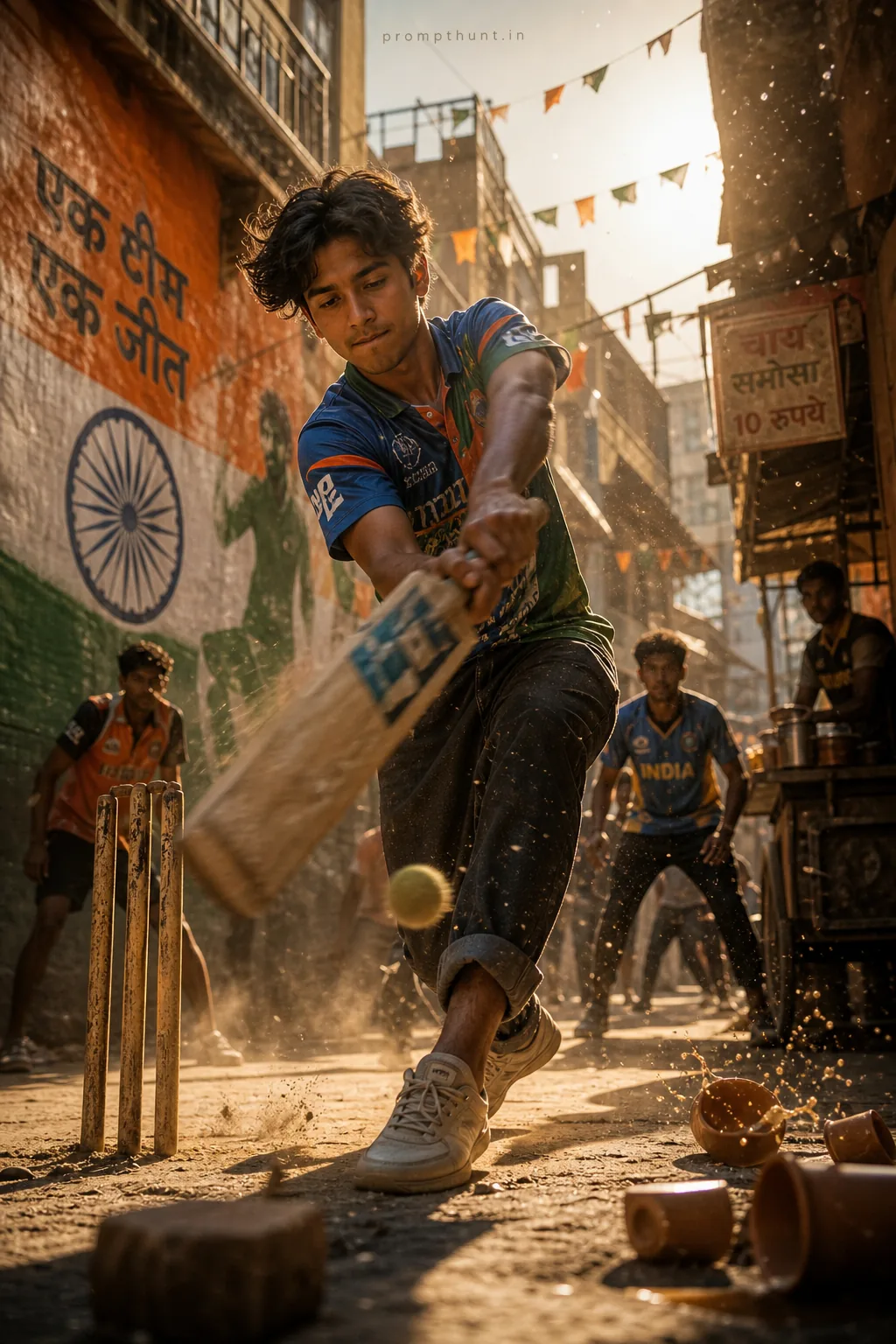 High-Energy Street Cricket Action AI Photo Editing Prompt