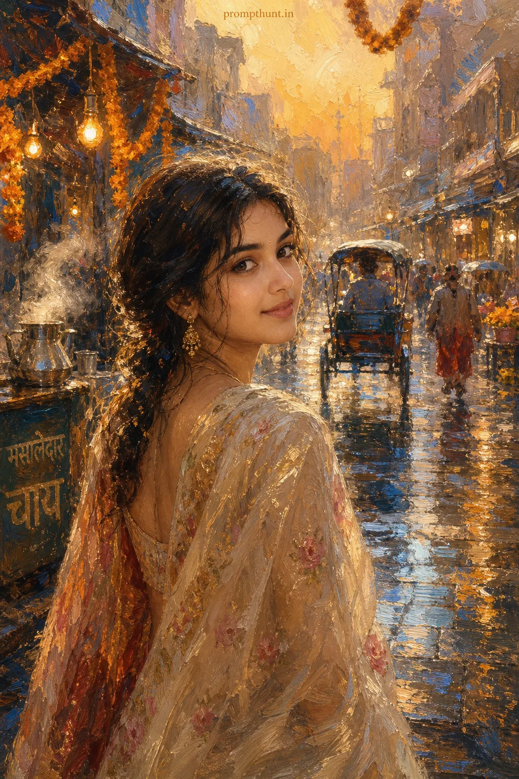 Impressionist Indian Street Monsoon AI Photo Editing Prompt