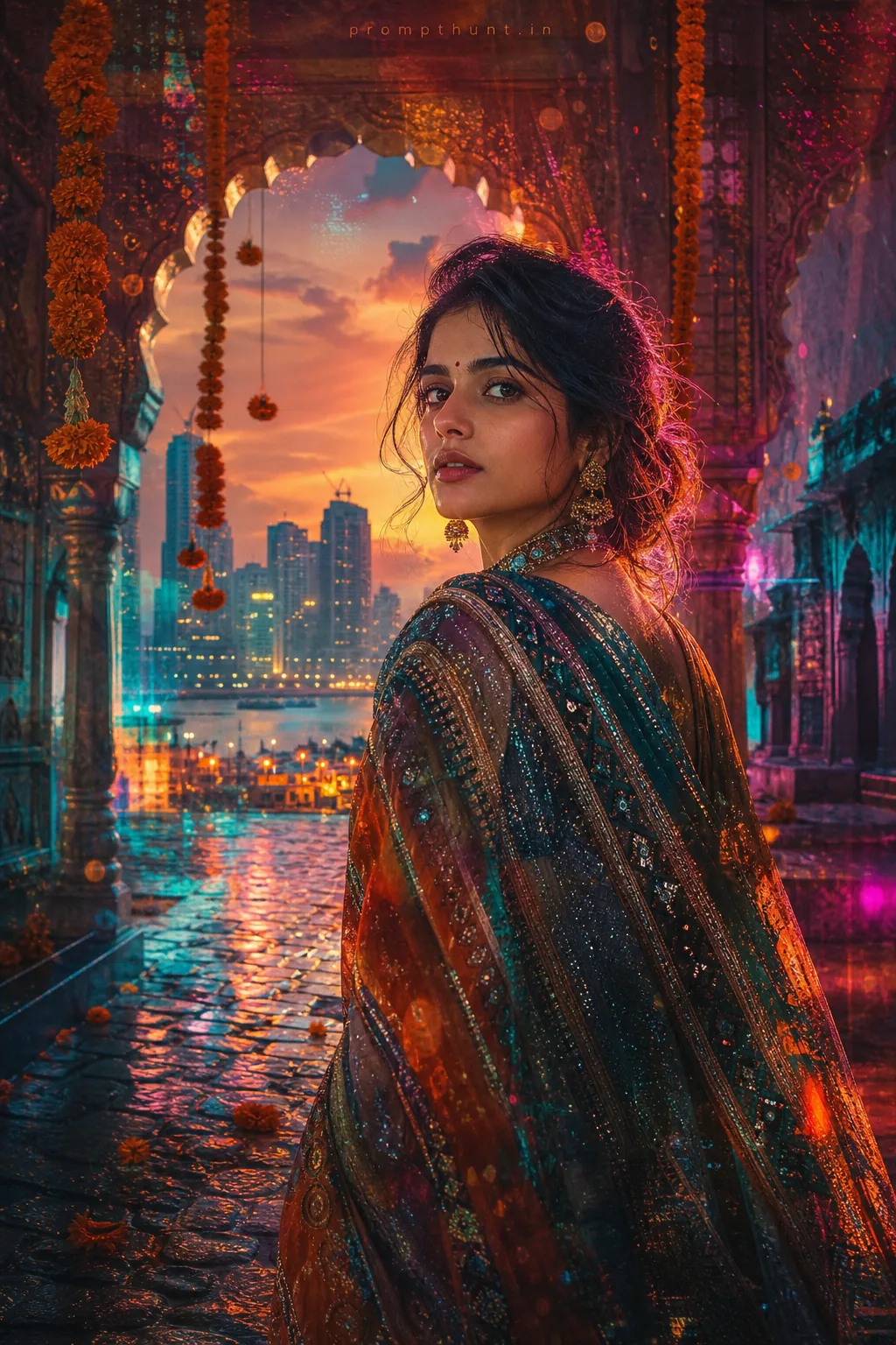 Indian Digital Manipulation: Neon Heritage Fusion AI Photo Editing Prompt