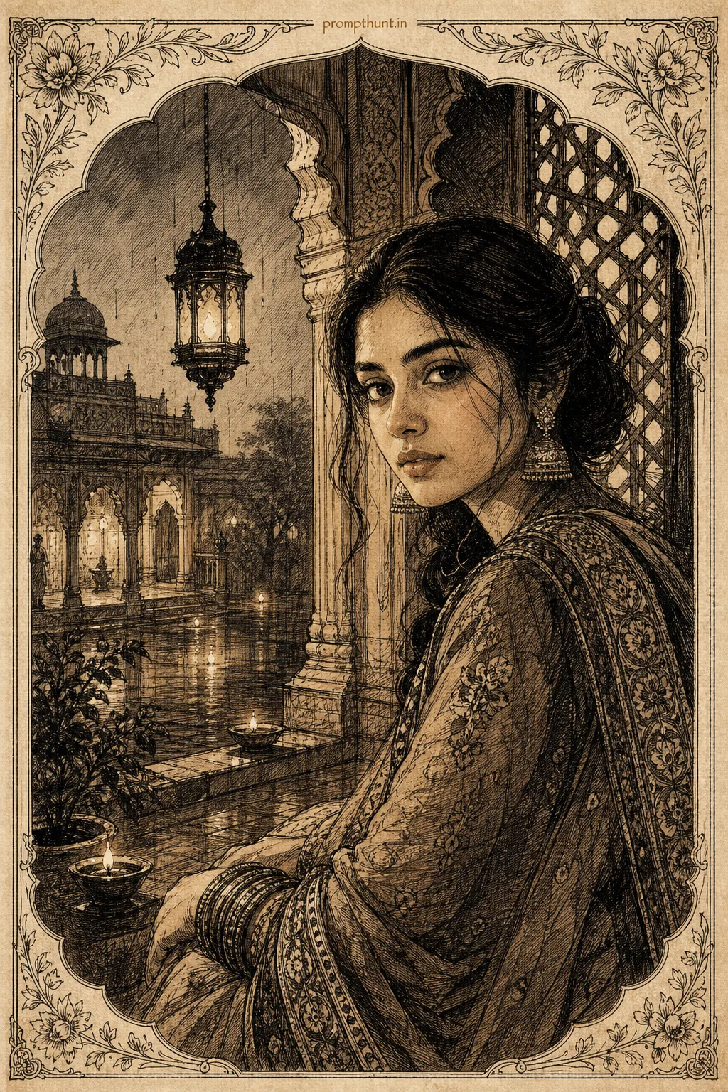 Indian Heritage Pen & Ink Illustrations AI Photo Editing Prompt