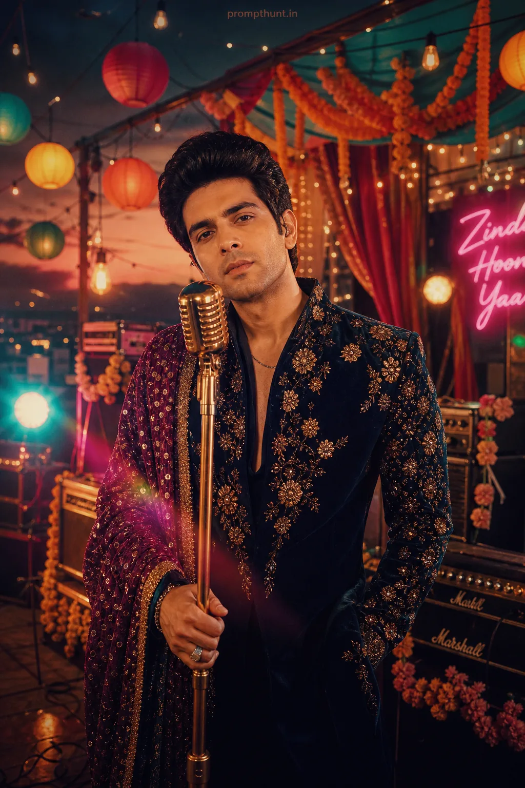 Indian Indie Concert Neon Retro Glam AI Photo Editing Prompt