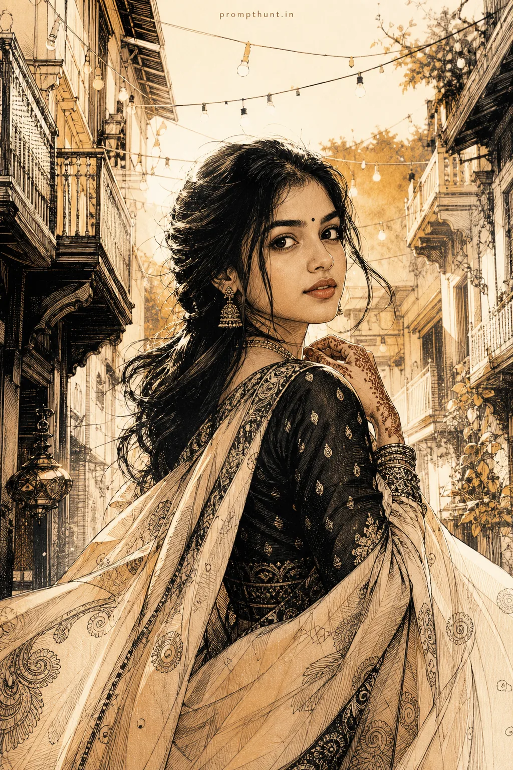 Indian Line Art Street Style AI Photo Editing Prompt