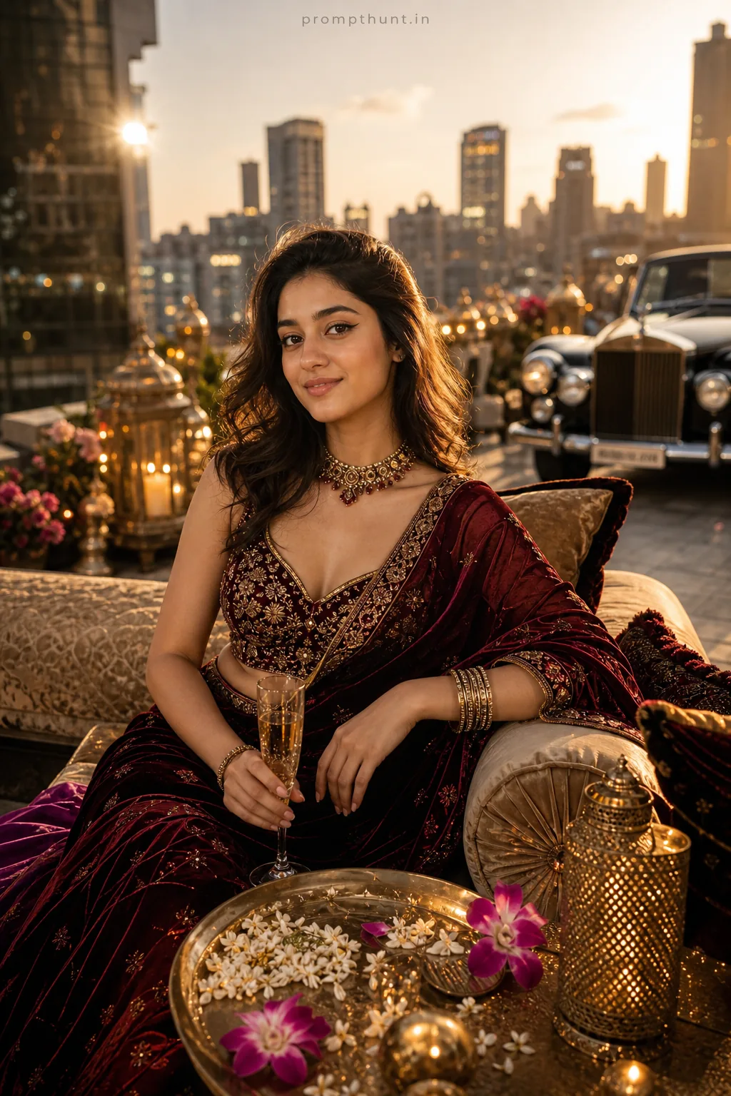 Indian Luxury Lifestyle Sunset Rooftop AI Photo Editing Prompt
