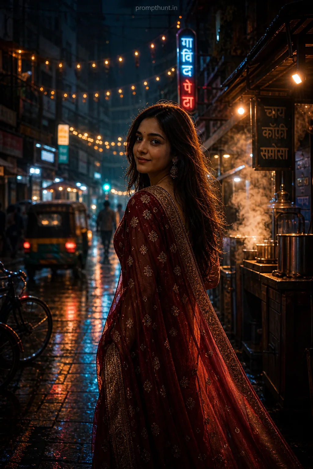 Indian Night Streets Cinematic Style AI Photo Editing Prompt
