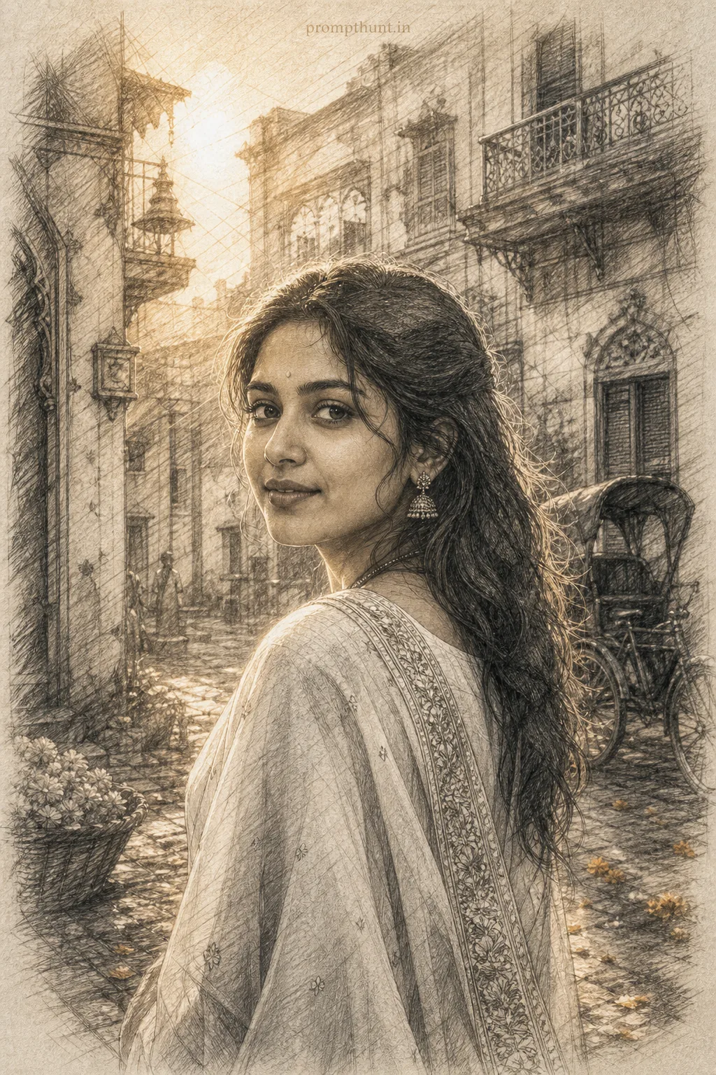 Indian Street Portrait Pencil Sketch AI Photo Editing Prompt