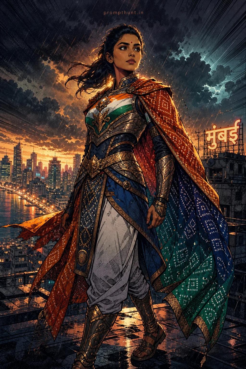 Indian Superhero Comic Book Urban Nightscape AI Photo Editing Prompt
