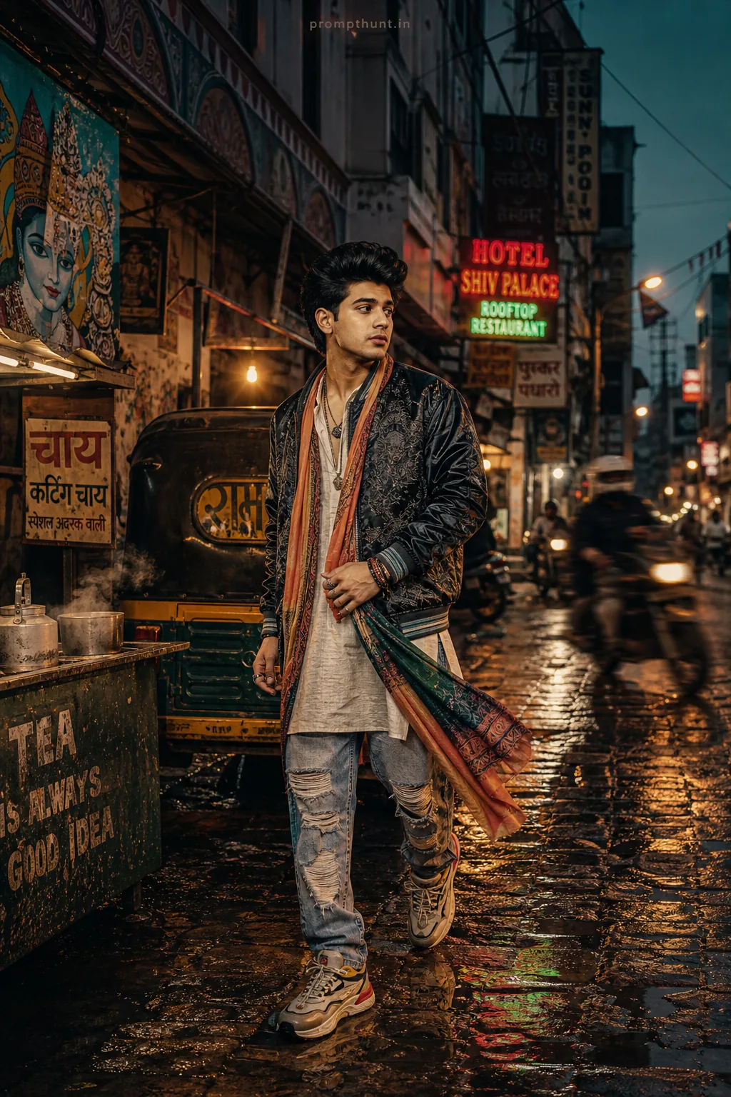 Indian Urban Street Style Neon Night AI Photo Editing Prompt