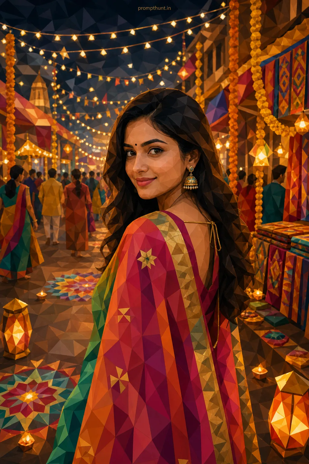 Low-Poly Indian Street Festival Nightscape AI Photo Editing Prompt