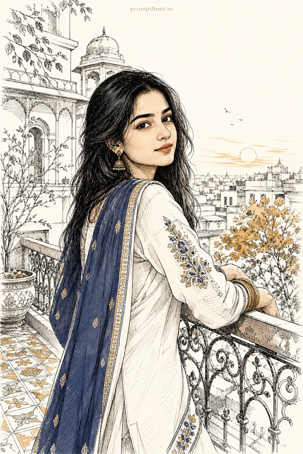 Minimalist Indian Line Art Portrait AI Photo Editing Prompt