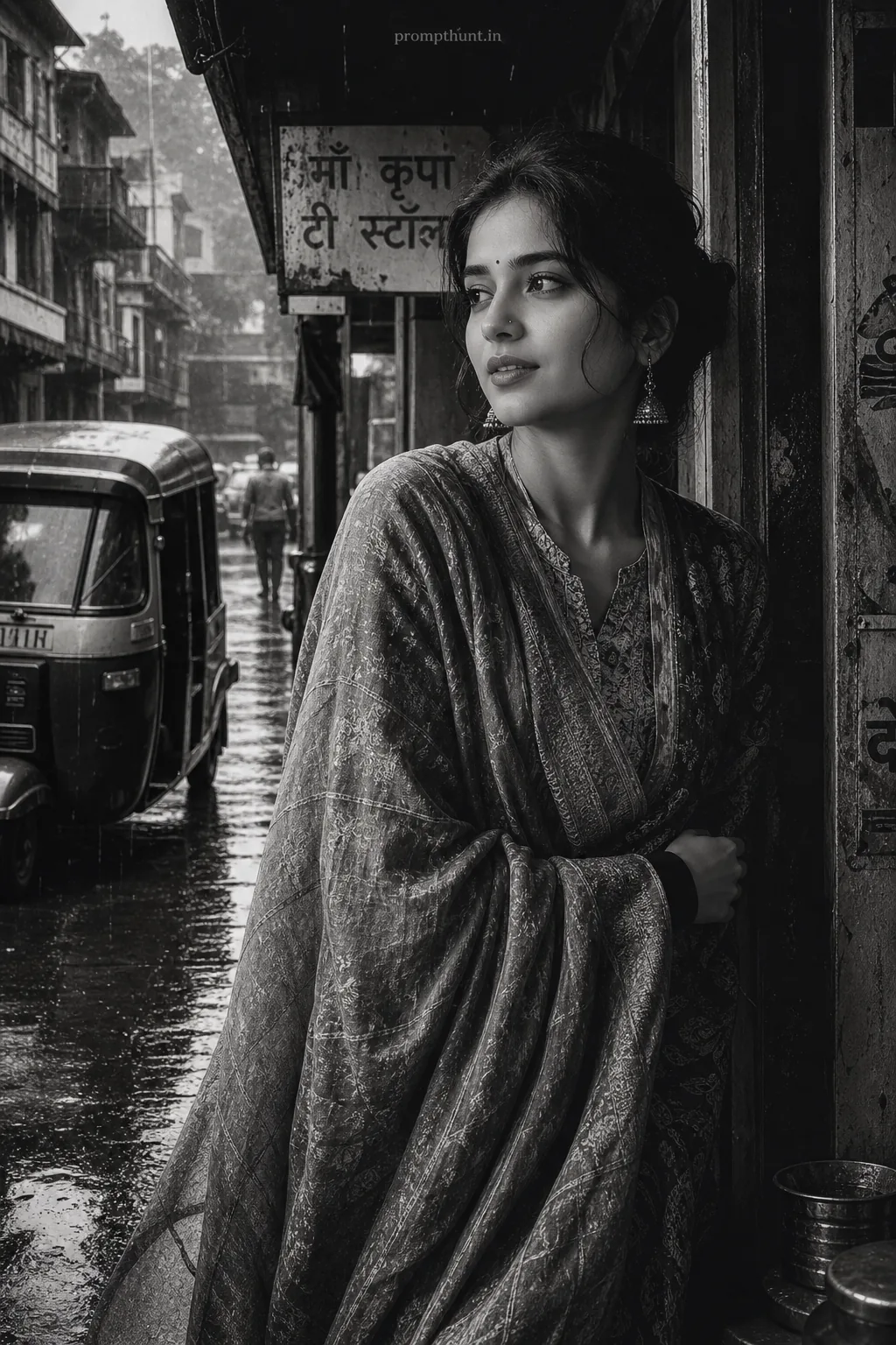 Monochrome Indian Street Fashion AI Photo Editing Prompt
