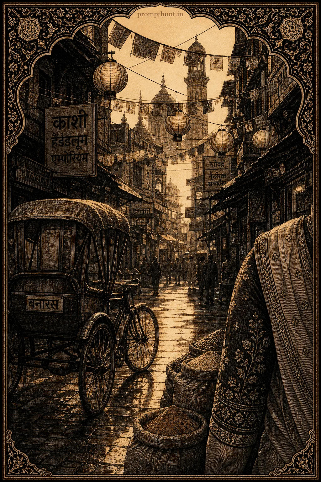 Monochrome Indian Street Scenes Pen and Ink AI Photo Editing Prompt