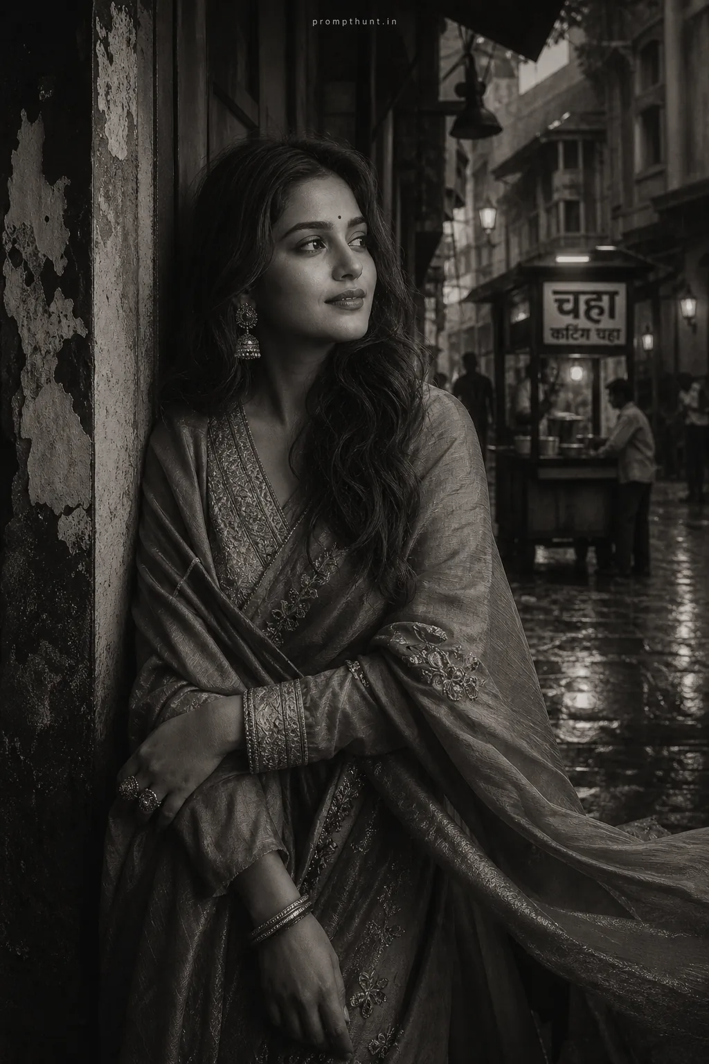 Monochrome Portrait Vintage Indian Mood AI Photo Editing Prompt